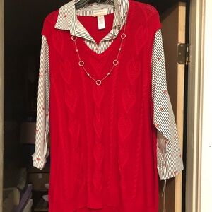 Chic Red Knit Vest with Striped Shirt